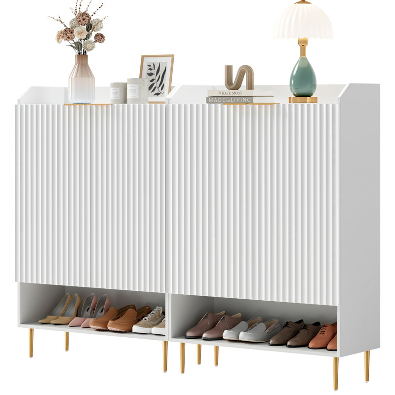 Armoire à chaussures cannelée moderne avec tablettes réglables et compartiment ouvert, White