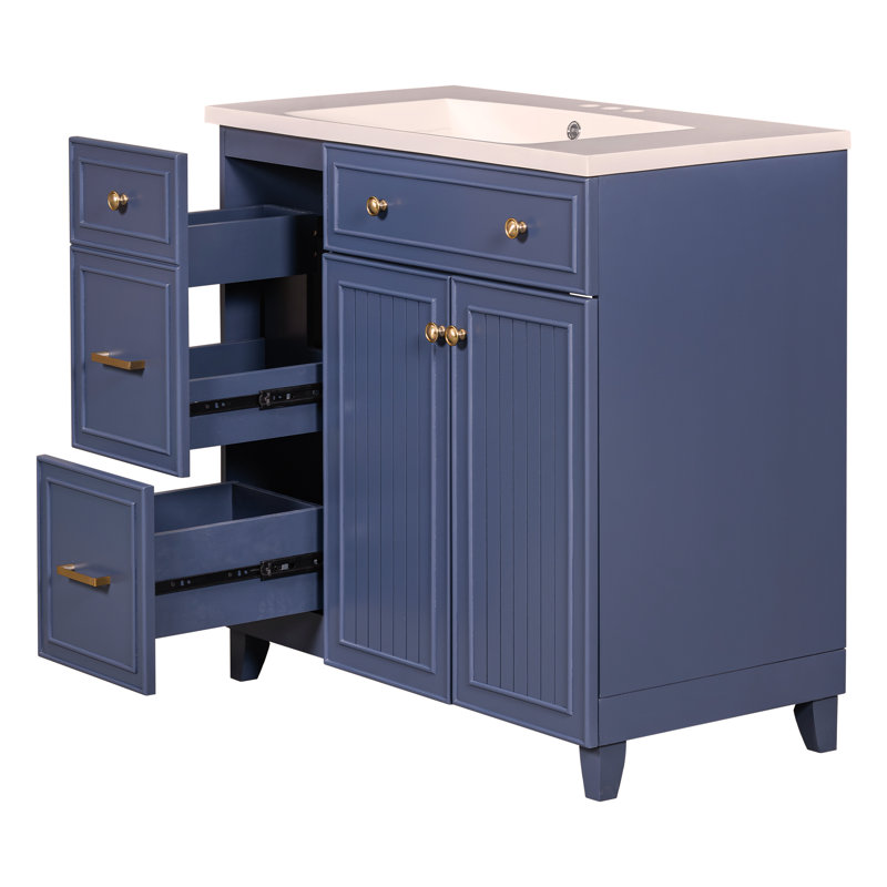 Armoire de salle de bain de style transitionnel de 36 pouces avec lavabo en résine, 2 tiroirs et 1 tablette de rangement réglable
