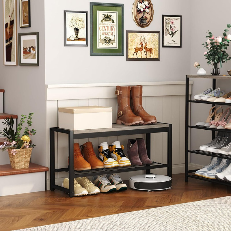 Banc à chaussures à 2 niveaux avec tablette en filet, organisateur de chaussures de hall d'entrée industriel rétro avec structure en métal robuste, gris délavé