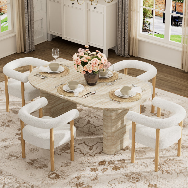 Ensemble de table de salle à manger extensible ovale en panneau de fibres à densité moyenne blanc cassé avec chaises 4/6/8 en molleton blanc, conception à deux piliers, longueur réglable, pour la salle à manger et le salon