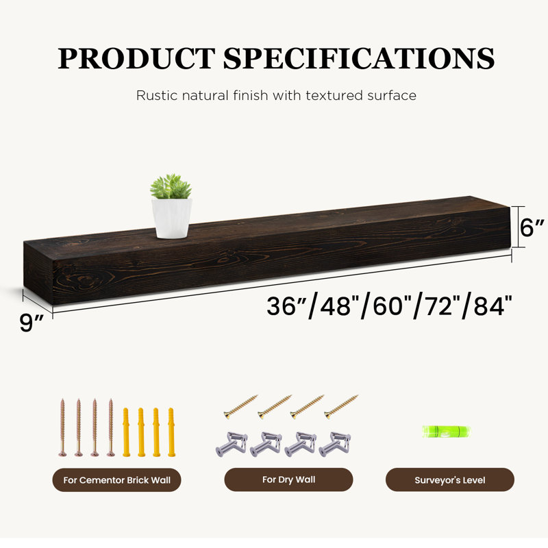 Haynor Solid Wood Fireplace Mantel Floating Shelf, Dark Walnut, 60", 9"