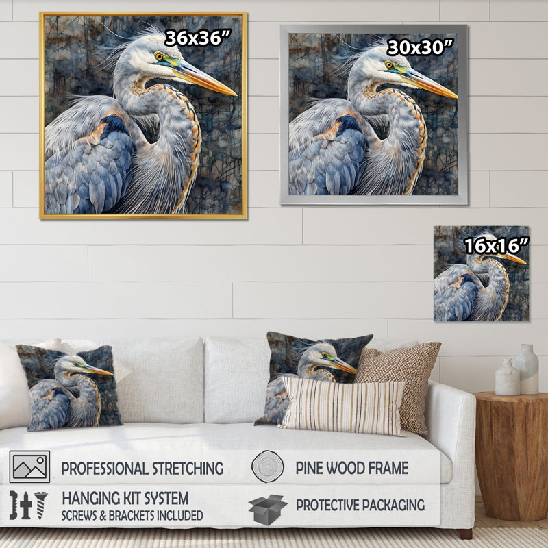 Heron Waterbird I - Heron, art mural, H 30 po x l 30 po x P 1 po, Toile tendue