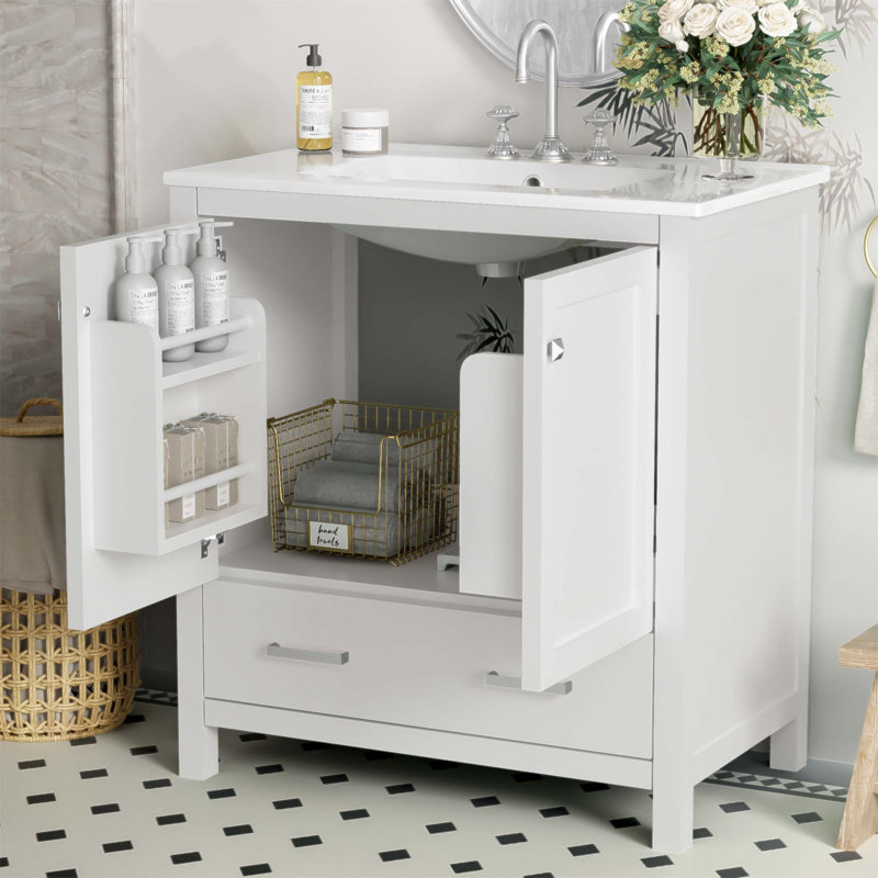 Meuble-lavabo de 30 pouces avec lavabo simple, armoire combinée, lavabo encastré en céramique, portes à fermeture douce et rangement multifonctionnel, structure en bois massif