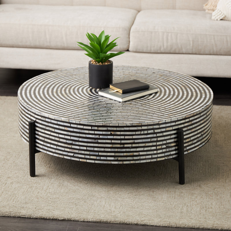 Maly Round Mother of Pearl Coffee Table, Gray Top/Black Base