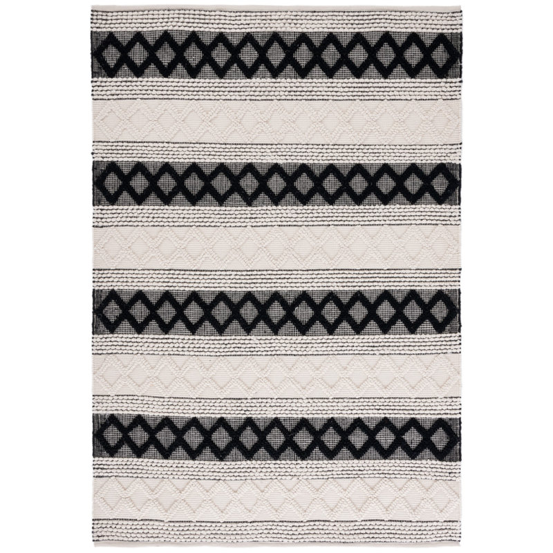 Tapis géométrique en laine / coton tissé à la main en ivoire / noir, Rectangulaire 3 pi x 5 pi