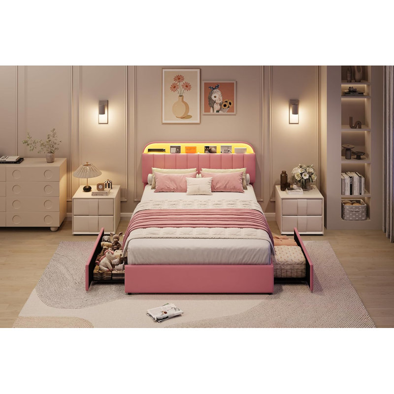 Grand lit tapissier en velours à DEL avec tête de lit réglable, rose, Grand lit, Rose