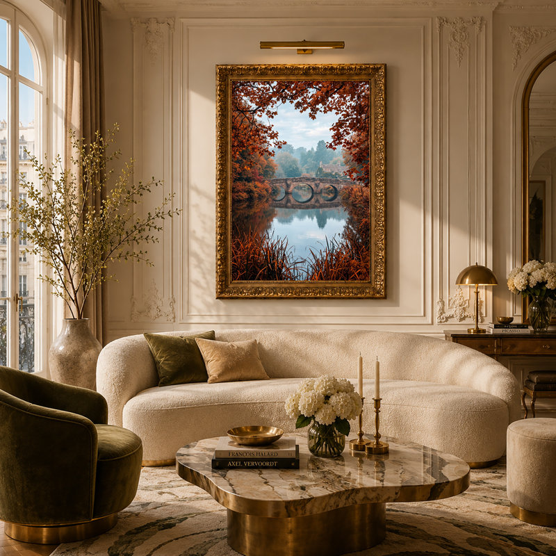 «Stone Arch Bridge Over River with Autumn Leaves», art mural sur toile, H 18 po x l 12 po