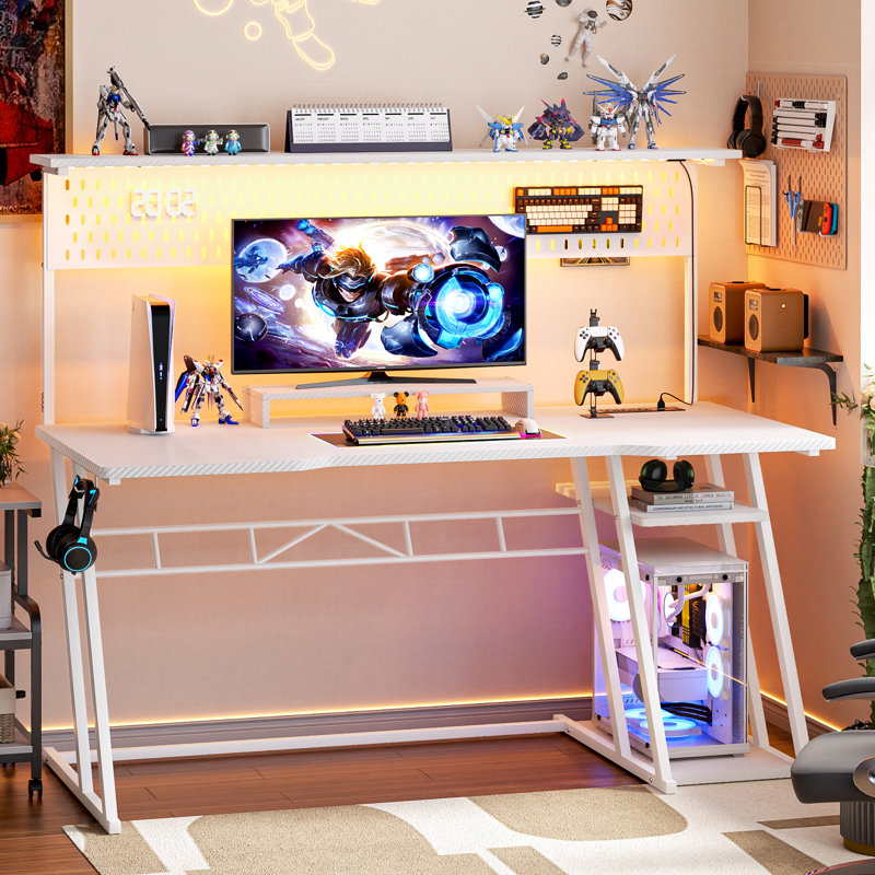 Gaming Computer Desk With Hutch And LED Lights, 55'' Gaming Desk With Storage Shelves, Reversible PC Gaming Desk With Pegboard, Ergonomic Desk For Bedroom, Carbon Fiber Surface