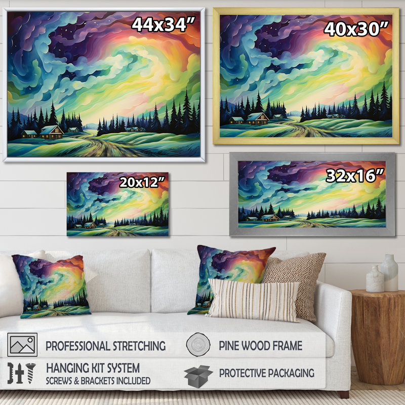 «Northern Lights Scenery Minimalisme I», reproduction sur toile, Cadre simple blanc, H 34 po x l 44 po x P 1,5 po