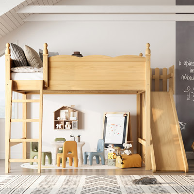 Full Loft Bed with Storage Shelves & Cabinet, Solid Wood Kids Loft Bed with Detachable Slide & Ladder, Natural