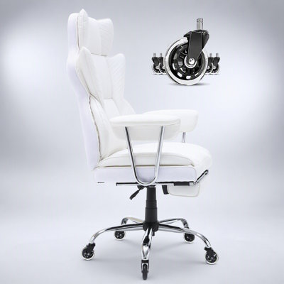 Fauteuil de bureau inclinable avec repose-pieds, revêtement en cuir PU résistant, assise large, soutien lombaire, base métallique robuste, roulettes silencieuses, blanc