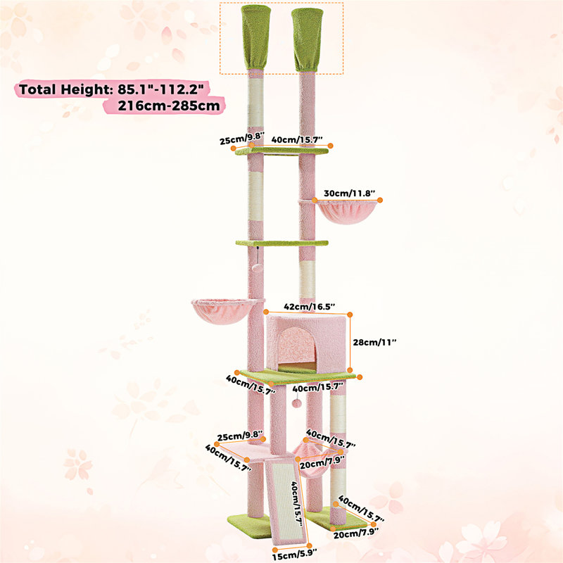 Tour pour chat Cactus du sol au plafond avec hauteur réglable (85 à 112 pouces), centre d'activités d'escalade à 7 niveaux avec hamacs confortables, 5 plateformes et poteaux à griffer pour chats d'intérieur