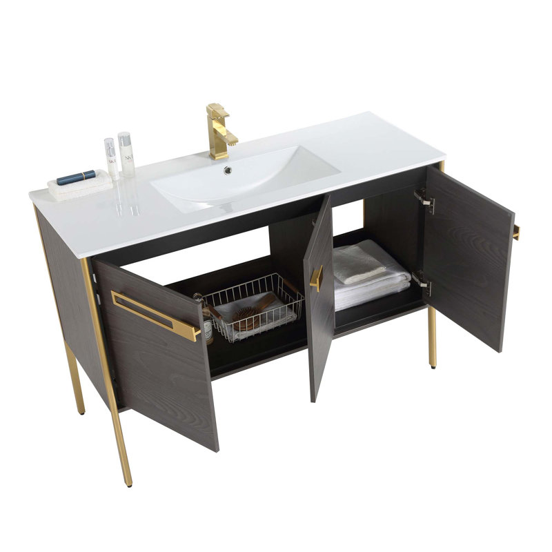 48" Single Bathroom Vanity, Satin Brass, Black Coal Oak
