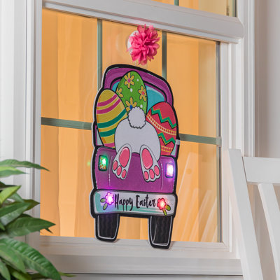 Décoration de fenêtre à DEL en forme de camion de lapin Joyeuses Pâques