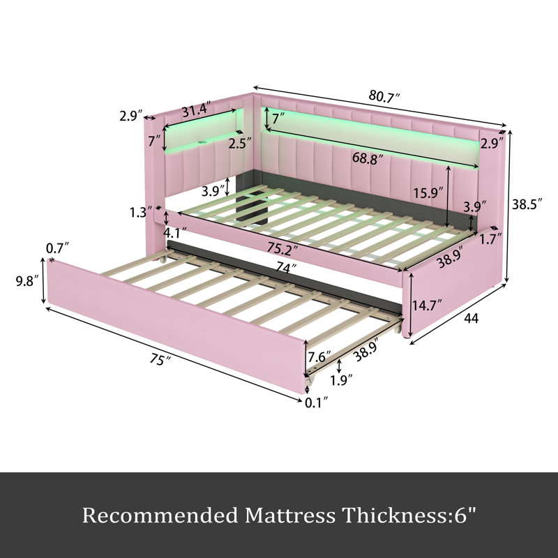 Upholstered Twin Size Platform Bed With USB Ports And LED Belt, With Trundle, Pink