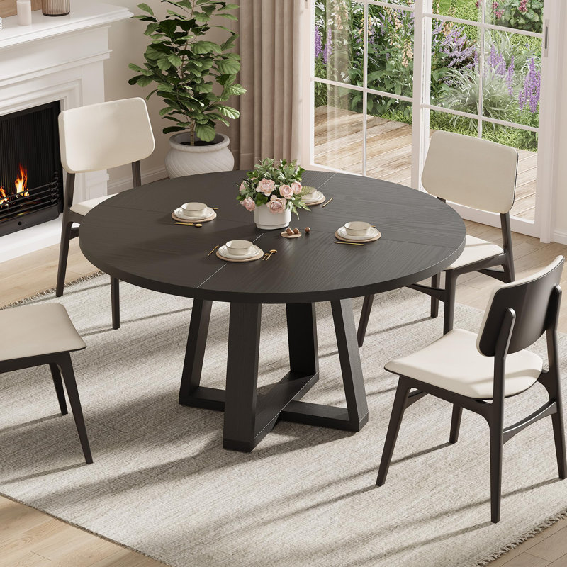 47" Round Dining Table for 4-6, Farmhouse Wood Circle Table with Cross Base (Table Only), Black