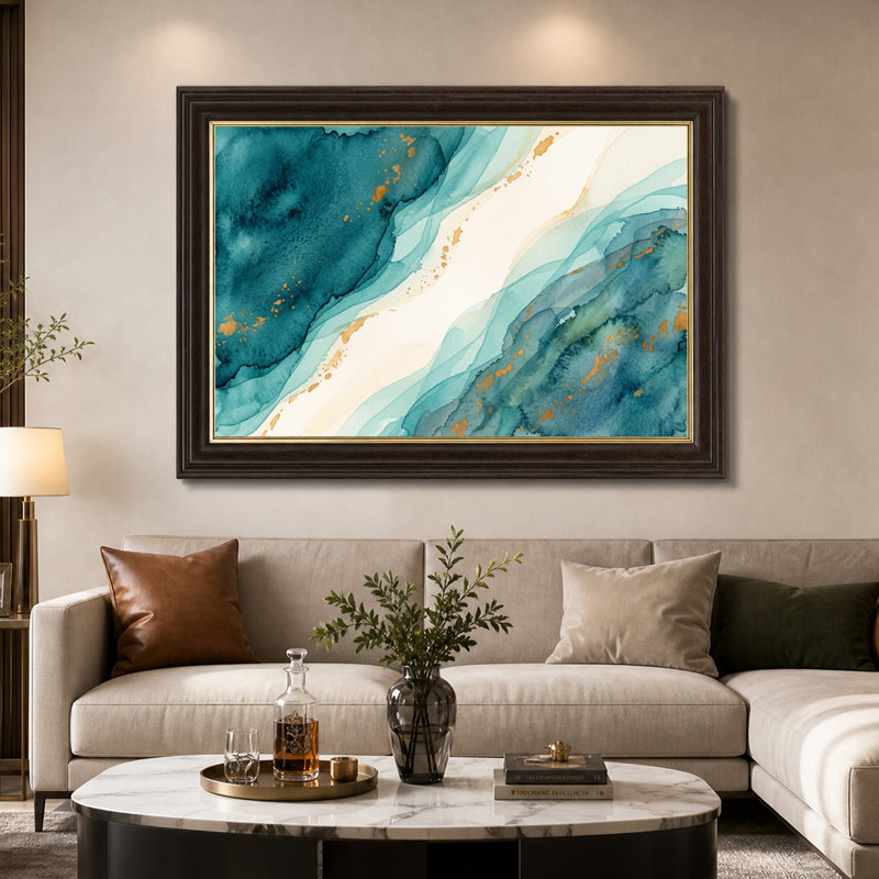 Aquarelle sur toile bleu sarcelle et or, 12"H x 18"W