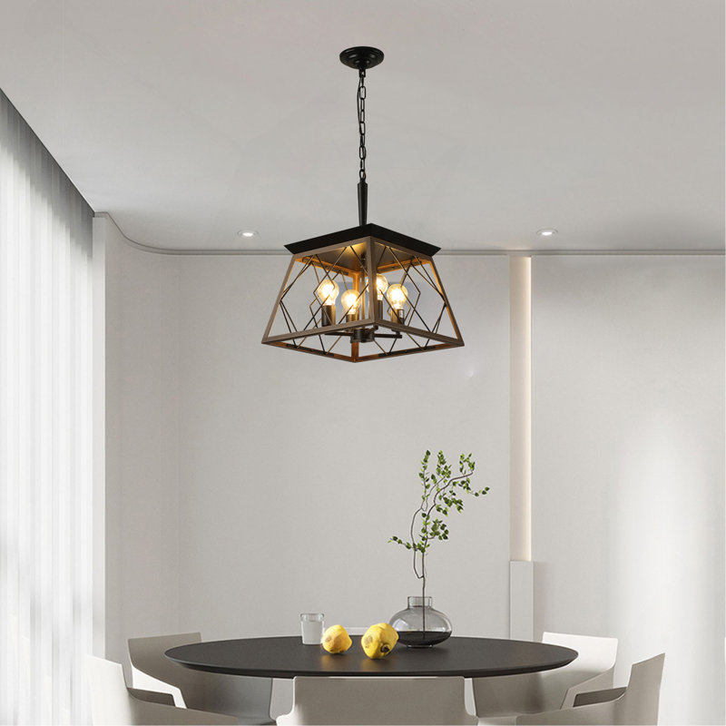 Lustre suspendu industriel en noyer de 16 po à 4 lumières, cage moderne en métal, lampe suspendue réglable pour la salle à manger