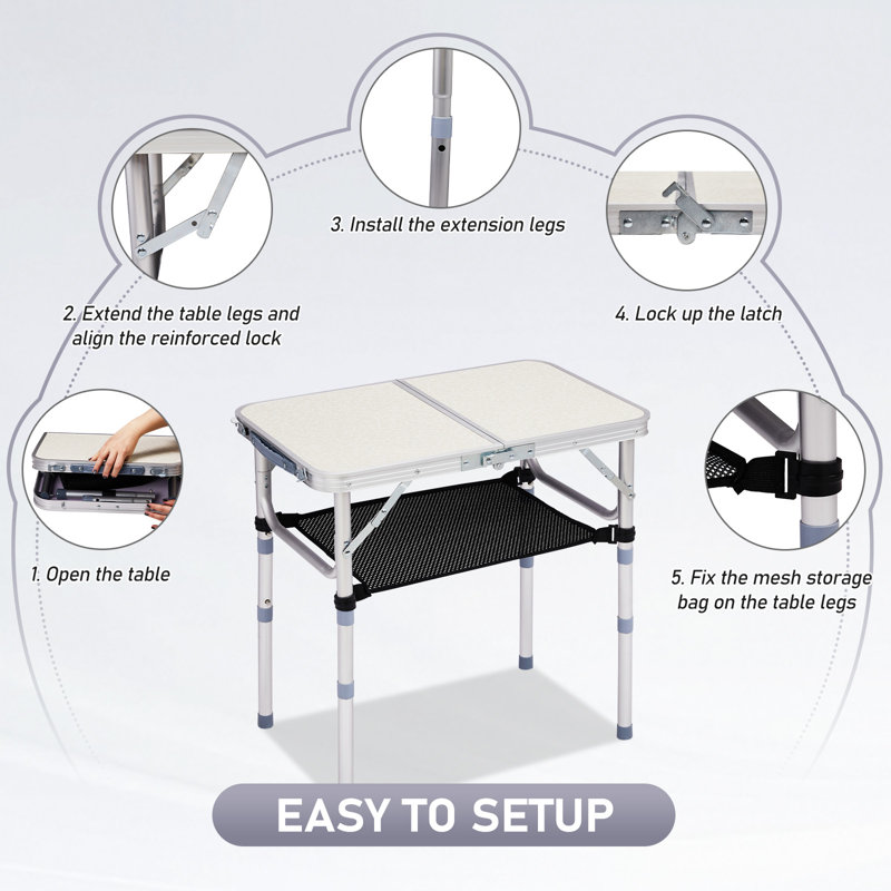 2 pi Table pliante blanche en aluminium pour patio avec sac de rangement en filet, Blanc