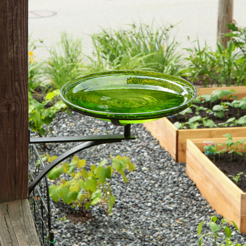 Fern Green Crackle Glass Birdbath with Black Wrought Iron Wall Bracket