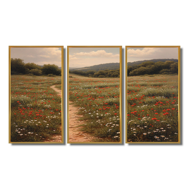 «Country Round Through Blossoming Meadow», ensemble de reproductions d'art mural, Cadre flottant doré