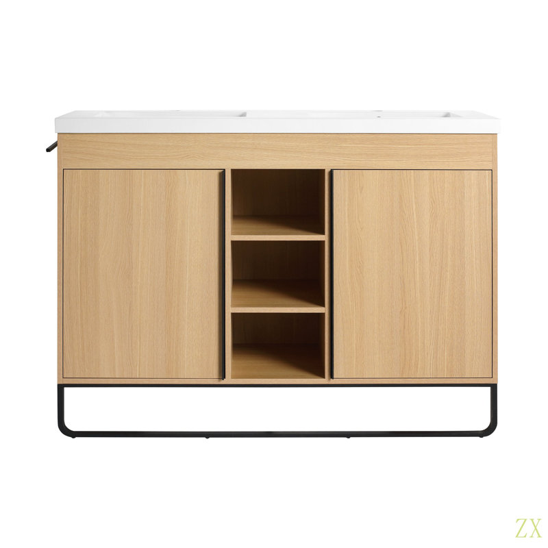 Ensemble de meuble-lavabo autoportant 48 po avec double lavabo en résine, porte à fermeture en douceur 2 et support de rangement à 3 ouvertures, emballage KD, contreplaqué