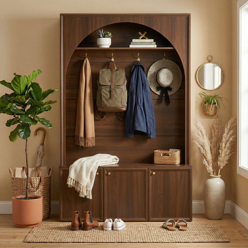 49” Wide Arched Entryway Hall Tree, Walnut