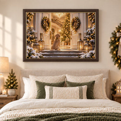 Golden Retriever Sitting On Snowy Steps Looking Christmas Canvas Wall Art