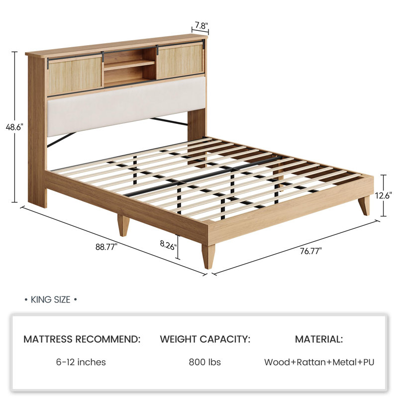 Rattan Bed Frame King With Shelves, Boho King Bed Frame With Shelf Headboard Sliding Door