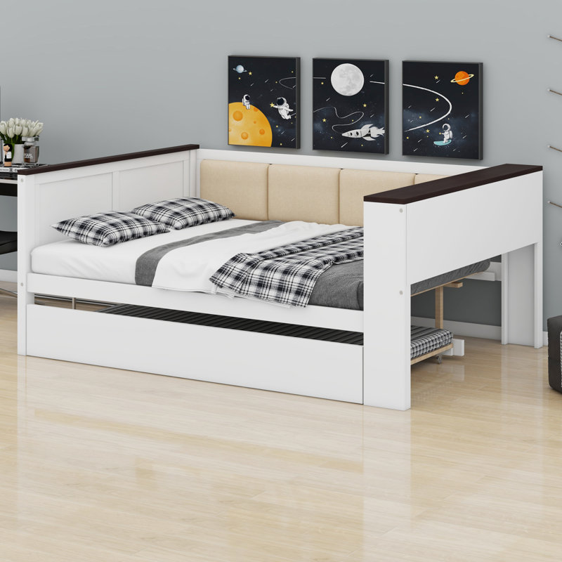 Wood Daybed With Storage Shelves, Upholstered Backrest,USB And Trundle, Full