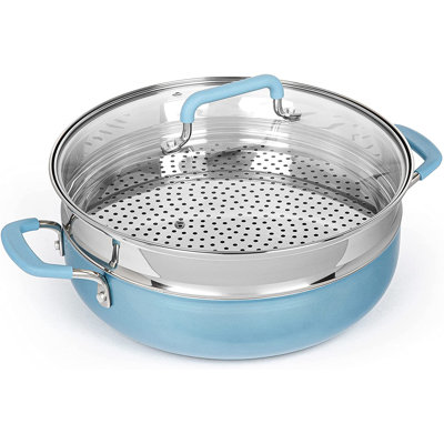 Granitestone Nonstick Everyday Pan Stir Fry Pan Multi-purpose Pan 3 Piece Set With Tempered Glass Lid & Stainless-steel Steamer, 5.5 Qt, Dishwasher Safe - 100% Pfoa Free, Turquoise