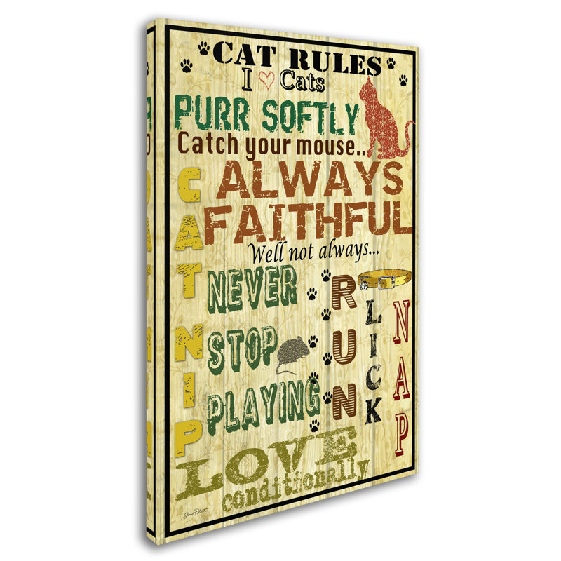 « cat rules », art textuel sur toile tendue, H 19 po x l 12 po