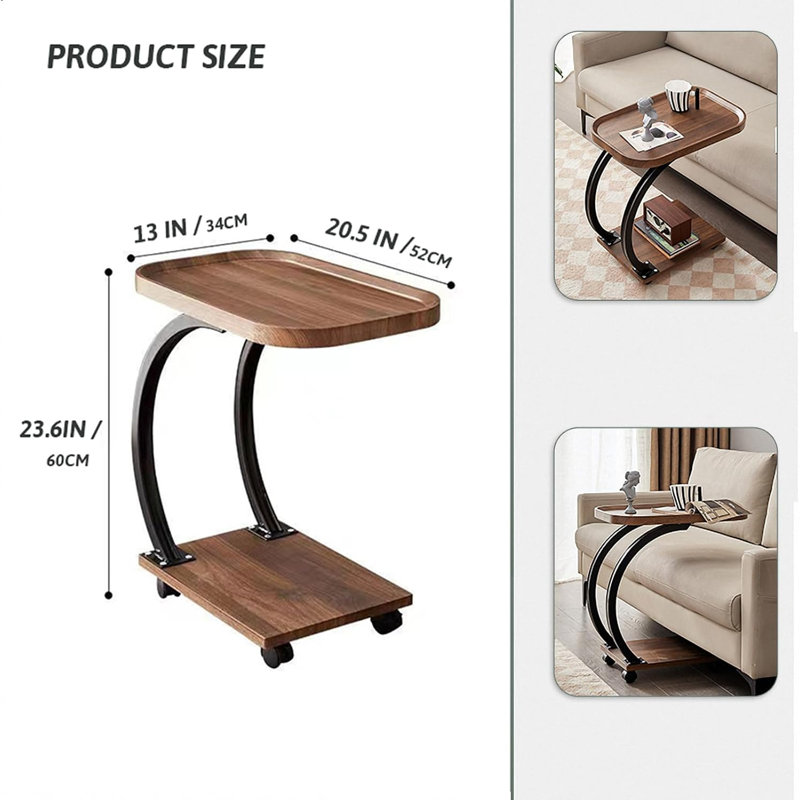 C Shaped Side Table With Wheels, Modern C Table End Table For Sofa And Bed, Small Couch Tables That Slide Under, Wooden C Shaped End Table For Couch, Coffee C Table For Small Space(Walnut)