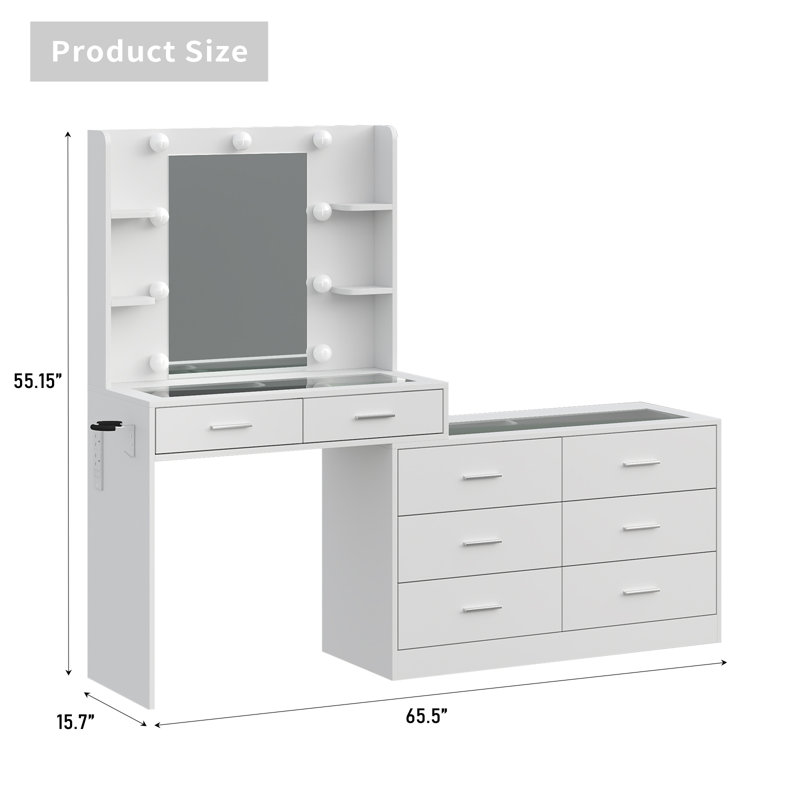 Dressing Table with LED Mirror, 8 Drawers and 4 Shelves, Glass Top, Power Outlet, Stool