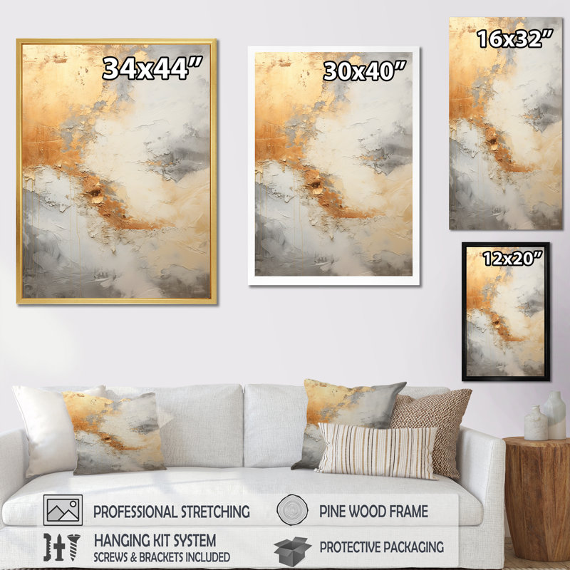 «Beige And Gold Minimalisme Storms I», reproduction sur toile, Cadre doré simple, H 40 po x l 30 po x P 1,5 po
