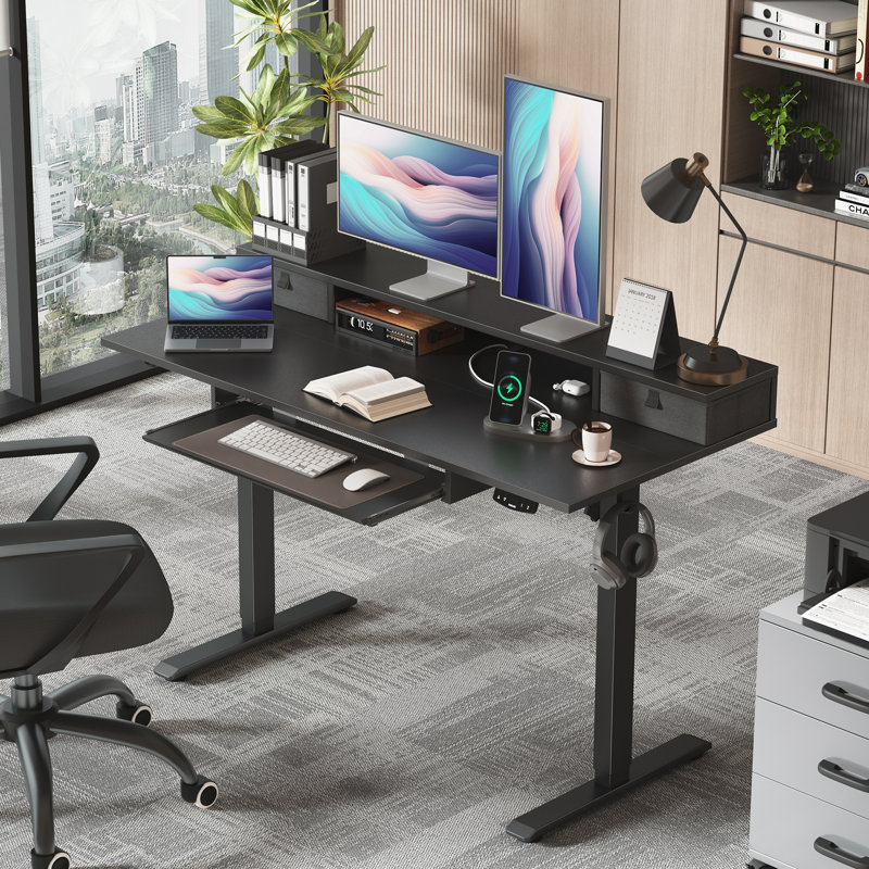 48" Electric Standing Desk With 2 Drawers And Keyboard Tray, Height Adjustable Desk for Home Office , Black/Black