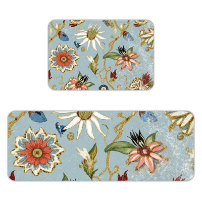 Vintage Floral & Blue Background, Non Slip Kitchen Mats Set Of 2
