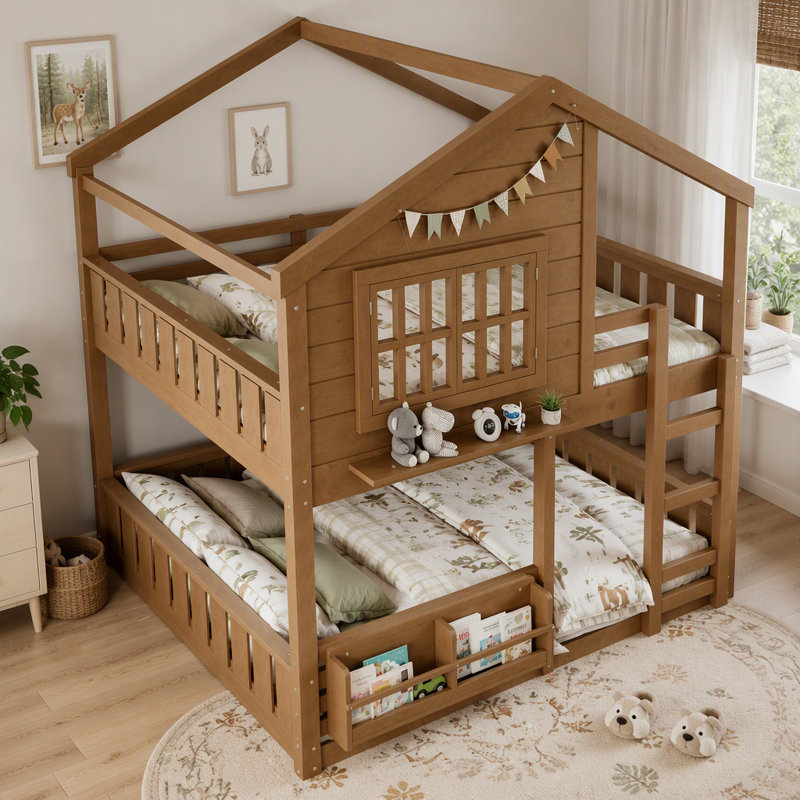 Lit superposé en forme de maison pour enfants, cadre de lit multifonctionnel avec toit, tablette intégrée et barrières de sécurité, lit en bois avec échelle pour chambre d'enfant