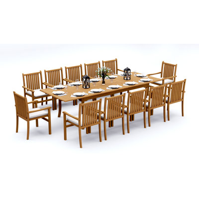 13 Pcs Grade-A Teak Wood Dining Set: 118" Double Extension Rectangle Table And Angarano Stacking Arm Chairs #11CH2412