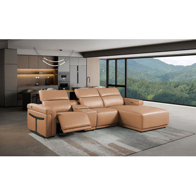 Canapé modulaire cognac en cuir italien de qualité supérieure 4 pièces Cognac avec 1 fauteuil inclinable électrique et appui-tête réglable