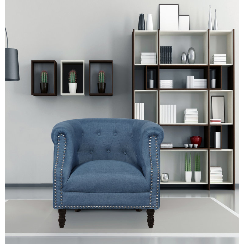Fauteuil demi-tonneau en lin capitonné Willisville, Bleu océan