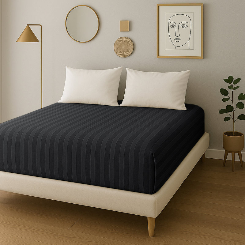 40cm Deep Pocket Microfiber Stripe Fitted Sheet, Black, Double (4'6)