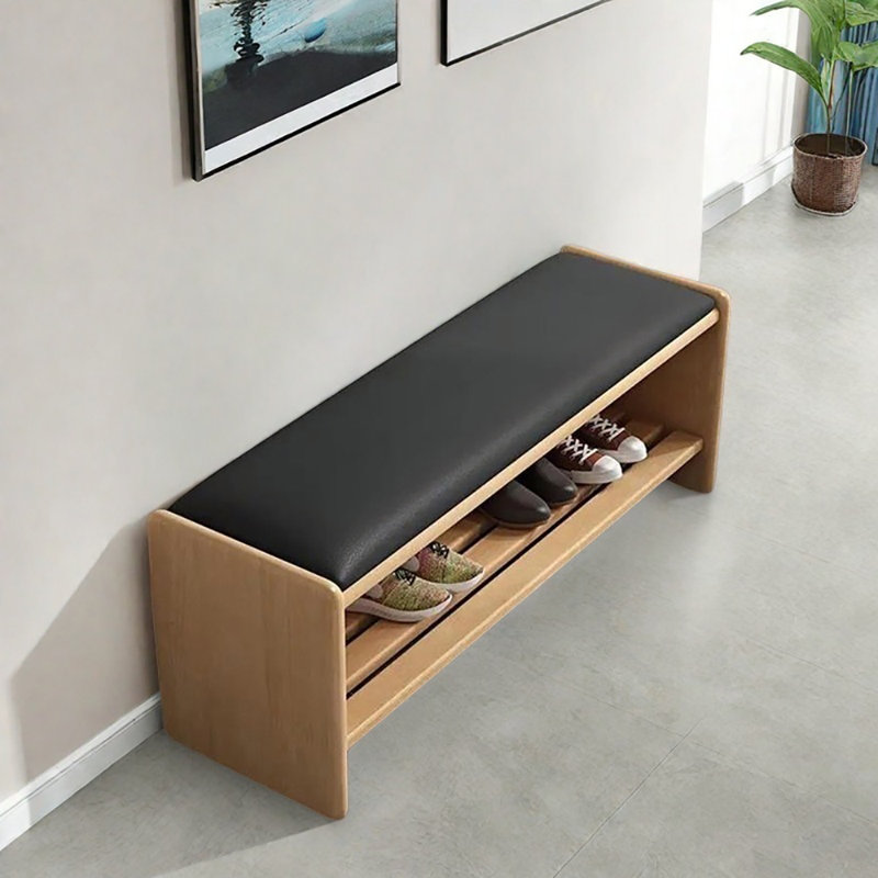 35.4in Shoe Change Stool Shoe Storage Bench, Black/Natural Wood