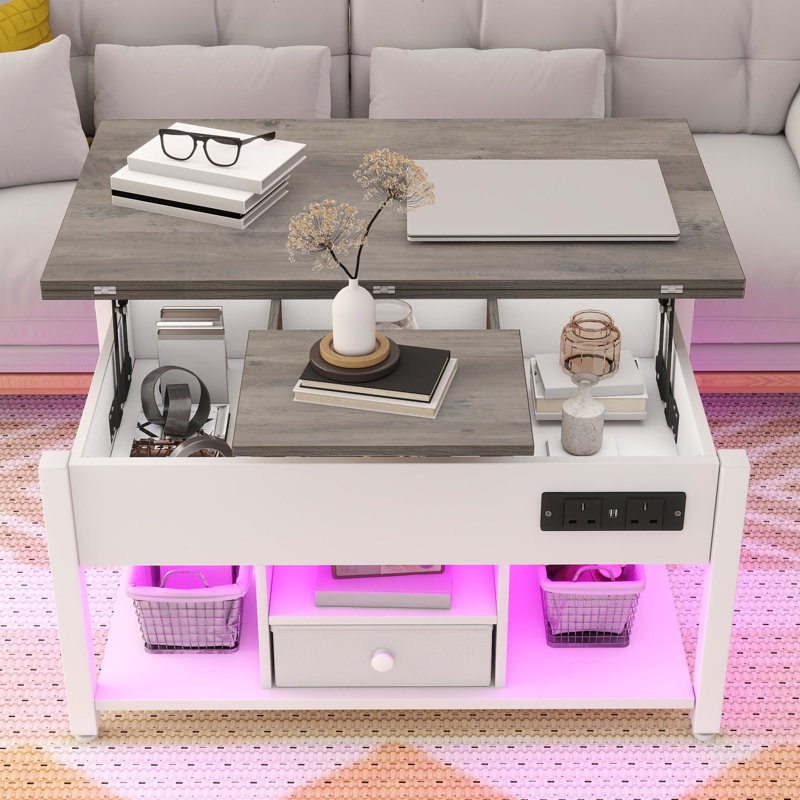  Folding Lifting Coffee Table, 4-In-1 Convertible Table With RGB Light And Type-G Outlets, Light Oak And White