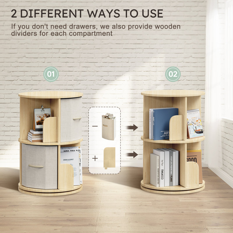 Rotating Bookshelf Tower, Solid Wood Rotating Bookshelf, 2 Tier Spinning Bookshelf With 2 Drawers, 360 Display Revolving Bookcase For Kids&adults, Round Corner Book Shelf For Bedroom, Living Room