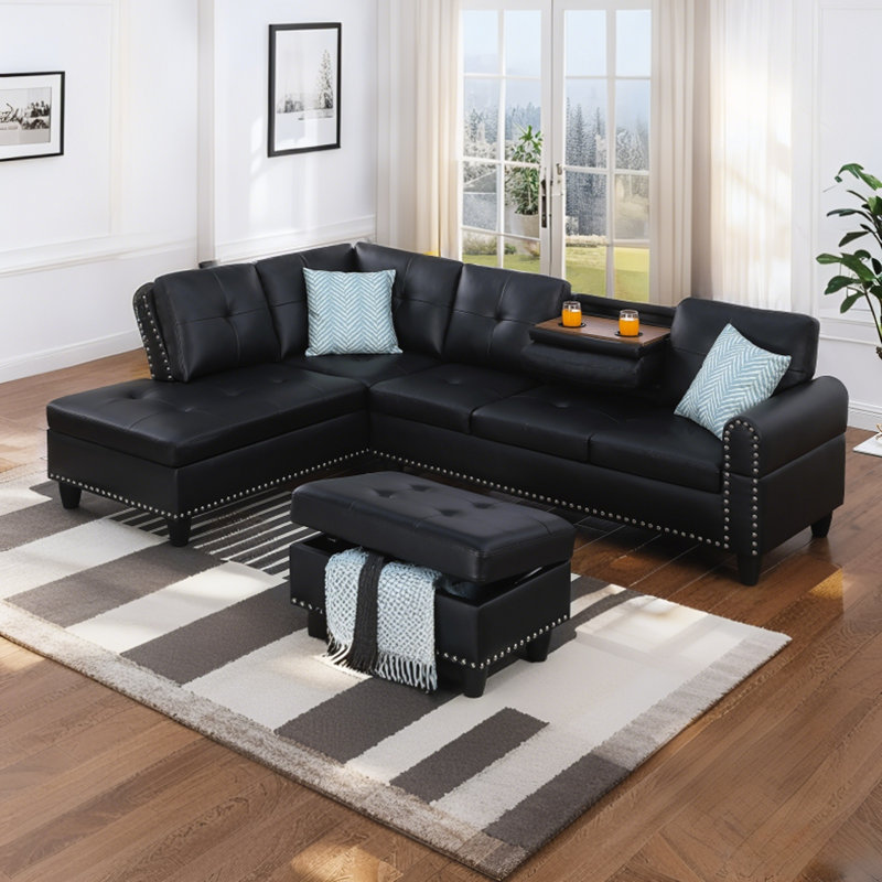 98" L-Shaped Sectional Sofa With Storage Ottoman,Modern 4-Seat Couch With 2 Built-In Cup Holders,Nailhead Trim,And 2 Toss Pillows