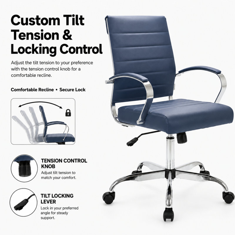 Mulkey Ribbed Faux Leather Mid-Back Office Chair, Mid Century Ergonomic Executive Desk Chair, Blue