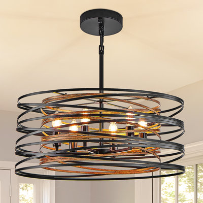 Plafonnier encastré et luminaire suspendu 6 lumières - Cage en métal noir et noyer (ampoules non incluses)