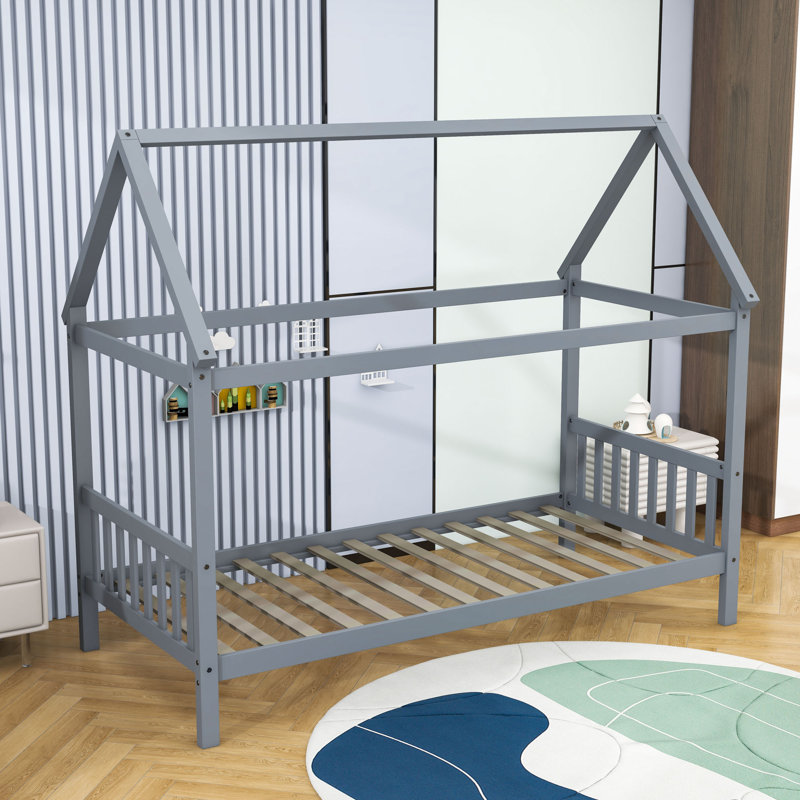 Twin Wooden House-Shaped Bed With Slats, Light Gray