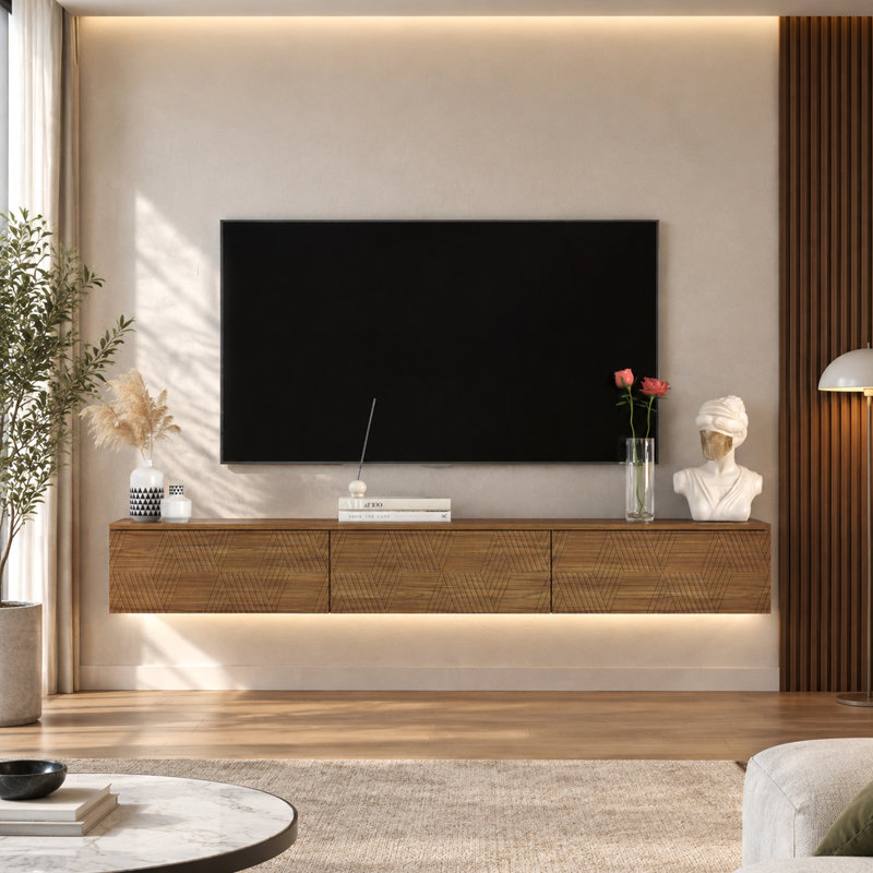 Floating Wall Mounted TV Stand With LED Lights And Storage